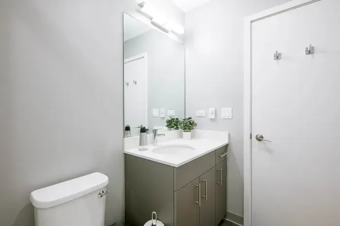 Modern bathroom interior at Post Chicago Apartments.