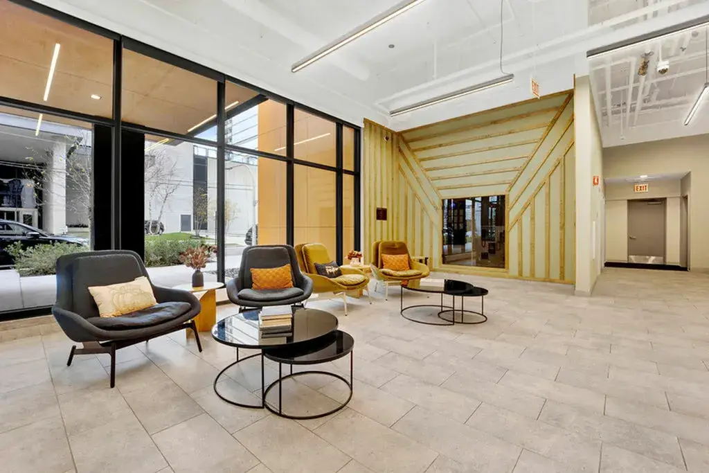Modern lobby interior at Post Chicago Apartments - Co-living apartments in Chicago